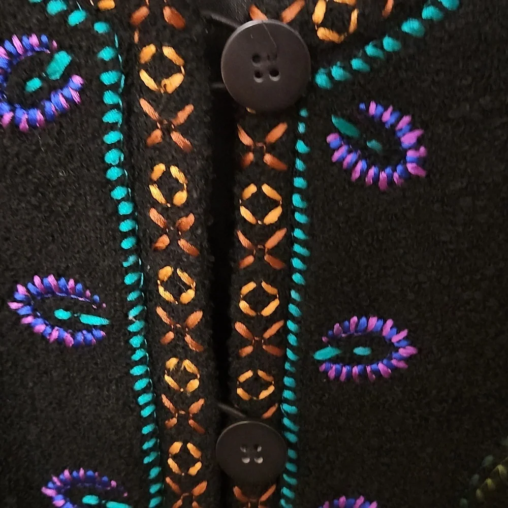 Linea By Louis Dell'Olio Black Wool Blend Long Coat Colorful Floral Sz 2X - Picture 4 of 8